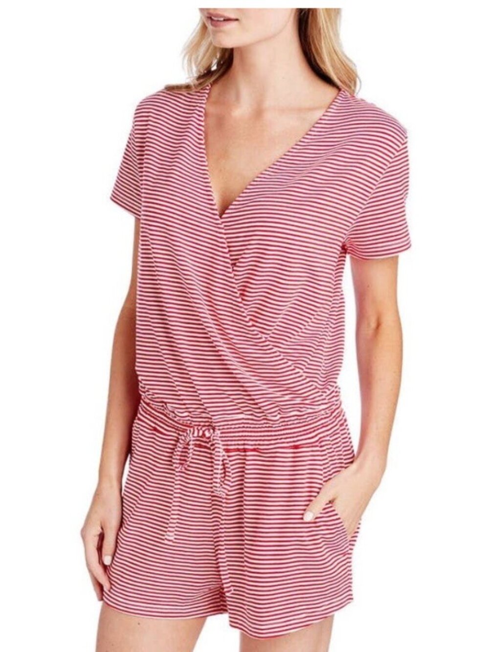 Vineyard Vines Red White Striped Surplice Wrap Short Sleeve Romper | Pima Cotton